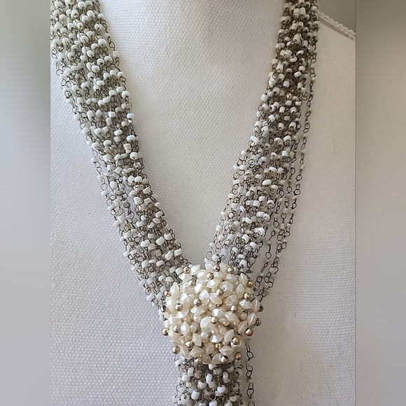 Women's White Multi Strands Faux Pearls Beads Tassel Fringe 20"  Necklace - Picture 4 of 6